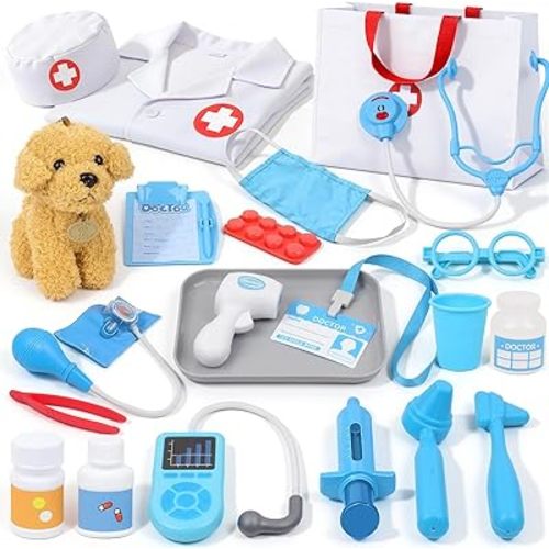 Doctor Kit for Toddlers 3-5 - Play Veterinarian Set Toys for 3 4 Year Old Boys Girls, Pretend Play Medical Kit with Dog, Bag, Costume, Stethoscope, Birthday Gifts for Kids