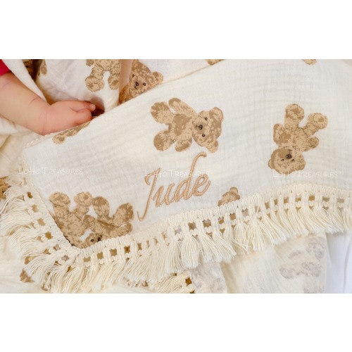 Personalized Teddy Bear Baby Blanket: Embroidered Cotton Newborn Gift