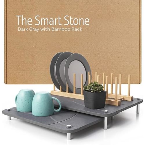 Bottle Drying Stone Mat with Bamboo Rack (Dark Gray)