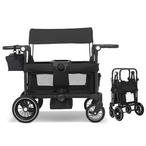 TODEFULL Wagon Stroller for 2 Kids, All-Terrain Stroller Wagon, Foldable Kids Wagon Cart Featuring with Harnesses, Adjustable Double Push Handle, Removable Canopy, Snack Tray, Large Storage Bag, Black