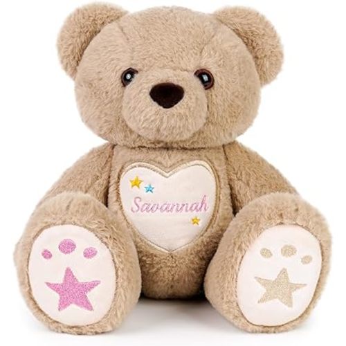 Custom Teddy Bear 14" – Personalized Cute Plush Love Bear with Embroidered Name, Date & Stars, Soft Plush Toy with Poseable Joints,Baby Shower & Birthday Gift for Girls and Boys(Brown)