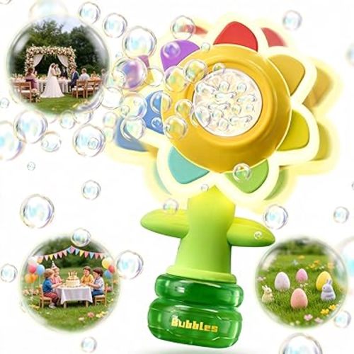 Rechargeable Flower Bubble Guns for Kids W/LED Lights & 10 Refill Solutions, Fun Swing Dance Bubble Maker Machine Blower Blaster Toys,Outdoor Summer Play, Easter, Birthday Party Favors & Gifts Yellow