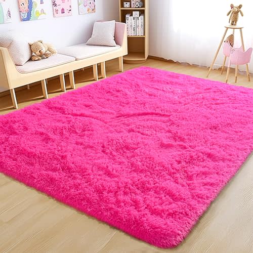 Awaytail Fluffy Rug Washable 4x6 Feet, Hot Pink Fuzzy Rugs for Bedroom Girls, Flame Retardant Plush Shaggy Rug Home Decor