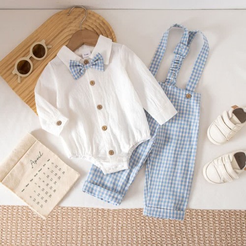 Baby Boy Gentleman Plaid Bodysuit Overalls 2-piece Set