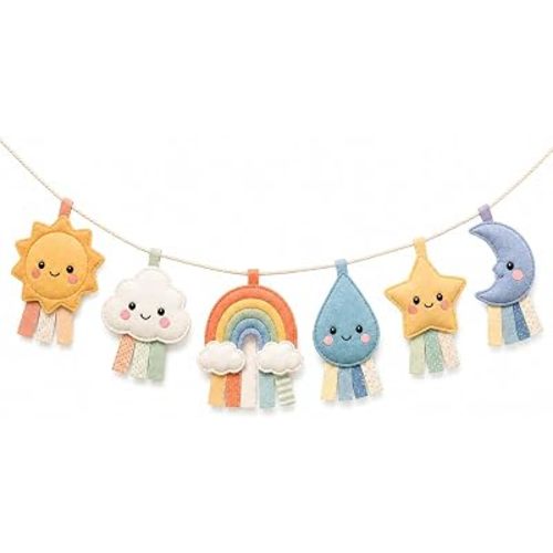 juju Weather Ribbon Garland Felt Nursery Wall Decor - Padded Sun Cloud Rainbow Moon Icons on Cotton Cord