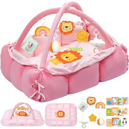 5-in-1 Tummy Time Mat Baby Activity Gym with Cartoon Pattern, Extra Thick Plush Play Floor Mat, Featuring Hanging Toys, Sensory Development Gym & Lovely Gift for Newborn Baby, Lion
