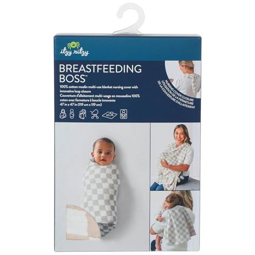 Itzy Ritzy Breastfeeding Boss Multi-Use Cover – A Nursing Cover, Swaddle, Car Seat Cover, Tummy Time Mat & Burp Cloth All in One – Made of Soft Muslin Fabric & Measures 47” x 47” (Checkerboard)