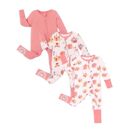 PATPAT Baby Boys Girls Bamboo Viscose Footies 3-Pack, NB-2T | 2-Way Zipper, Fold-Over Mittens & Feet, Non-Slip Soles,Super Soft Fabric