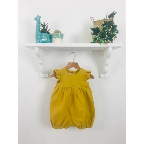 Beautiful Mustard, Ochre Linen Romper with Flutter Sleeve. 0-4 years.