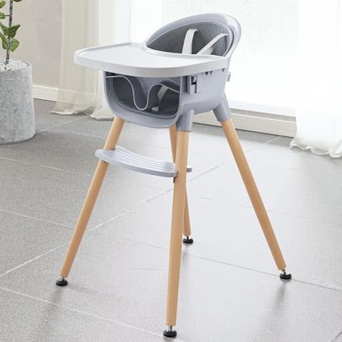Fodoss Convertible Baby High Chair with Wood Legs and Removable Dishwasher Safe Tray for Boys and Girls，Highchair Toddler with 5 Point Safety Harness