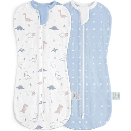 Baby Swaddle 0-2 Months, Cotton Arm-In Zipper Sleep Sack, Wearable Blankets Wrap for Newborn Infant Boys (Dinosaur, Polka Dots, Pack of 2)