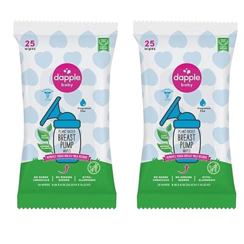 Dapple Baby Breast Pump Wipes - (3 Pack) 25 Count - Fragrance-Free, Plant-Powered & Hypoallergenic - Removes Milk Residue - Diaper Bag Essentials
