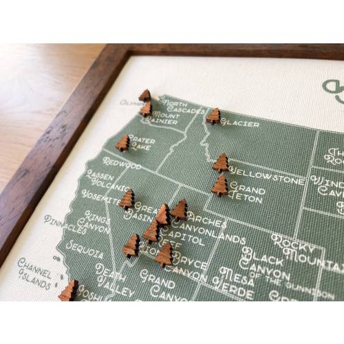 US National Parks Push Pin Map Framed, National Park Travel Tracker, Cotton Anniversary Gift, 63 Locations with Wooden Tree Pins, Custom