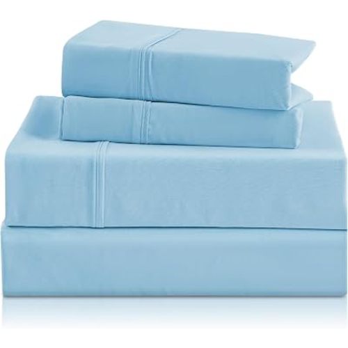 CozySmile Breathable Cooling Full Sheet Set - Hotel Luxury 4 Piece Deep Pocket Sheets for Full Size Bed, Fits 16" Mattress, Easy Care Wrinkle Free Bedding Sheet and Pillowcase Set, Sky Blue