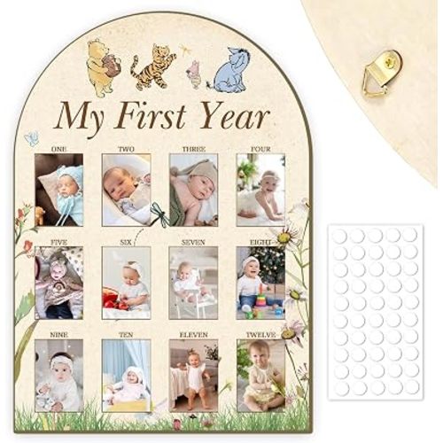 Classic Winnie My First Year Photo Board,Wooden Arch Baby Milestone Picture Display with 12 Months Milestone,Vintage Nursery Room Wall Decor,First Birthday Decorations,Keepsake Gifts for Baby Shower