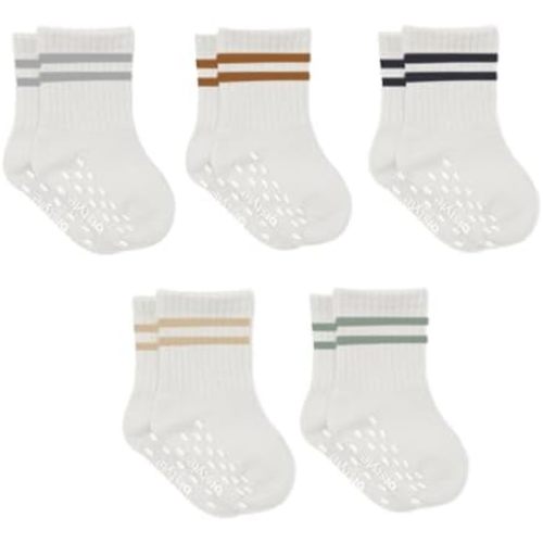 bistyle Baby Non-Slip Grip Ankle Socks 5 Pairs Checkerboard Pattern | Newborn Infant Toddlers Sock Organic Cotton