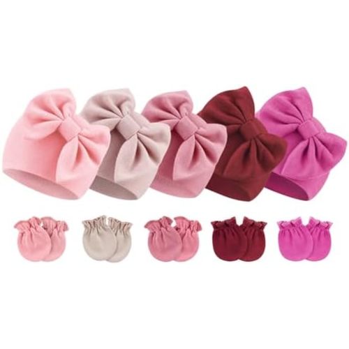 Newborn Baby Hats and Mittens Set Infant Bow Beanie Cap Toddler Gloves Newborn Hospital Hats for Baby Boy Girl 0-6 Months