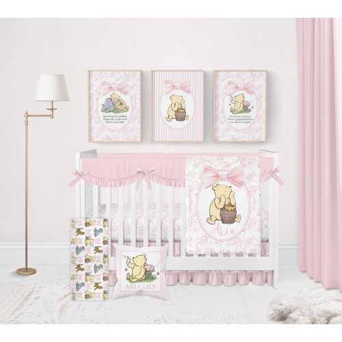 Winnie-the-Pooh Crib Set, Pink Bow Bedding Set, Pink Baby Girl Bedding, Classic Winnie-the-Pooh Nursery Decor, Toile Baby Bedding Crib Sets