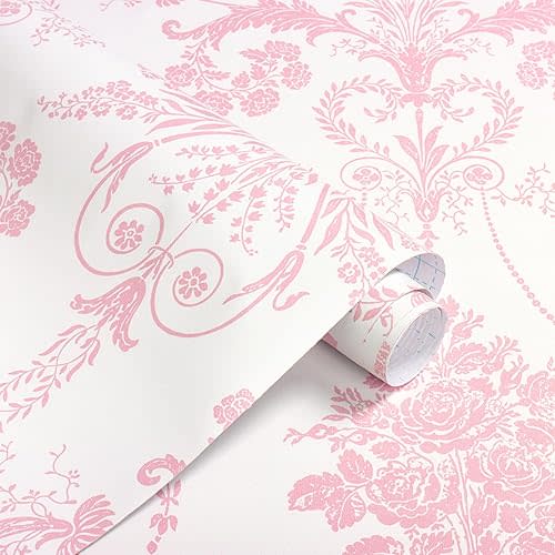 Erfoni 16.9" X 394" Damask Floral Peel and Stick Wallpaper Pink Flower Contact Paper DIY Pink and White Damascus Wallpaper Boho Removable Self Adhesive Wall Paper Decorative for Bedroom Cabinets Vinyl
