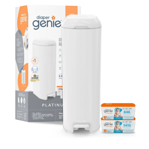 Diaper Genie Platinum Pail Gift Set, Lily White, Made of Durable Stainless Steel and Includes 2 Easy Roll Refills with 18 Bags and 30 Bags