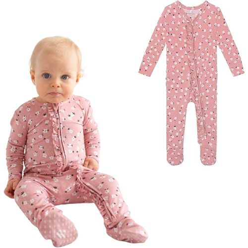 Posh Peanut Footie Pajamas for Baby Girls – Sleepers in Viscose from Bamboo with 2-Way Zipper & Ruffle Trim