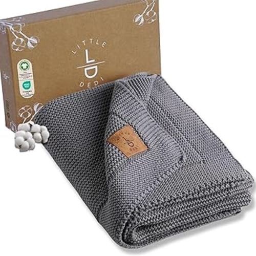100% Organic Cotton GOTS Certified Baby Knitted Blanket with Gift Box - Soft Toddler, Crib, Stroller Blanket - Neutral Swaddle and Receiving Blanket for Newborns, 30"x40", Dark Grey