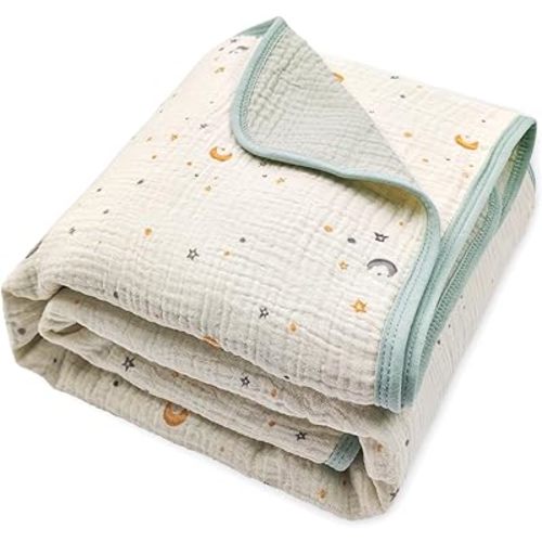 4-Layer Muslin Swaddle Blanket, 100% Cotton Reversible Baby Blanket, Ultra Soft Star & Moon Print, Thick Breathable Gauze Receiving Blanket, 40x40 in for Crib Stroller Nursery