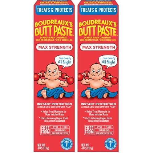 Boudreaux's Butt Paste Maximum Strength Diaper Rash Cream, Ointment for Baby, 4 oz Tube (Pack of 2)