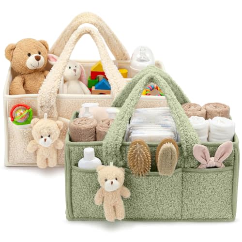 Shinylin 2 Pack Diaper Caddy Organizer Baby Caddy Organizer with Handle Nursery Storage Bin and Car Storage Basket for Diapers, Wipes, Newborn Necessities Baby Shower Gifts(Lily Green and Ivory)