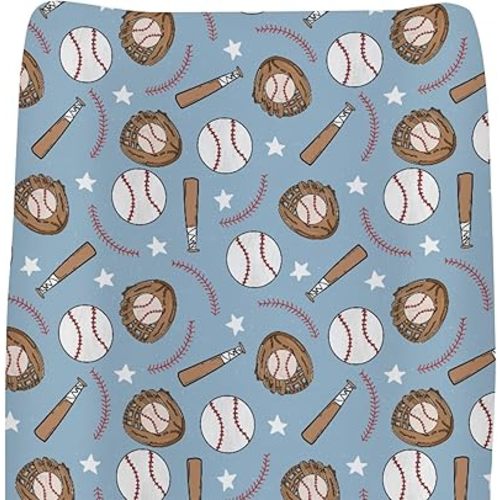 Blue Baseball Baby Changing Pad Covers for Boy Girl Spring Baseball Sport Fitted Change Table Pad Covers Mats American Sports Stars Soft Diaper Changing Table Sheets for 32''×16'' Contoured Pad