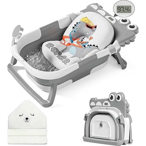 MoreFeel Collapsible Baby Bathtub for Newborn with Thermometer & 1 Hooded Towel & 1 Soft Floating Cushion,Portable Travel Bathtub with Drain Hole, Durable Foldable Baby Tubs for Infants to Toddler