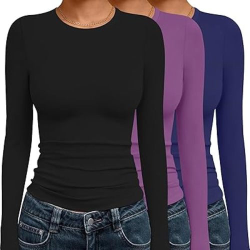 Ekouaer 3 Pack Women Long Sleeve Crew Neck Shirts Basic Thermal Tops Slim Fit Ruch Side Tees Going Out Layering Thirts XS-XXL