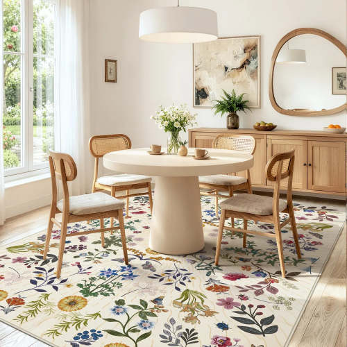 Eclore Washable Boho Botanical Floral Beige Rug