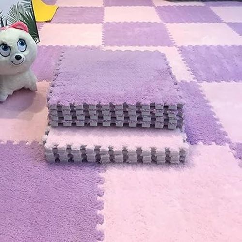 10pcs Plush Puzzle Foam Floor Mat, Soft Fluffy Interlocking Square Foam Tiles Area Rugs Carpet for Parlor Bedroom Decoration(11.8x11.8in, Purple & Pink)