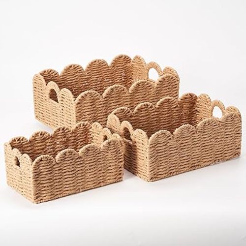 Scalloped Wicker Baskets, Set of 3 Hand-Woven Storage Baskets with Handles - Paper Rope Shelf Organizers & Decorative Baskets for Shelves, Closet, Bathroom (Tan）