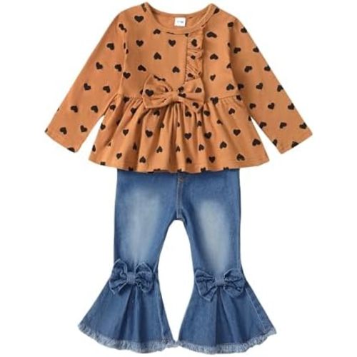 Saeaby Toddler Baby Girl Clothes Cute Girl Outfit Fall Winter Ruffle Heart Print Shirt Top Flare Jeans Outfit Set