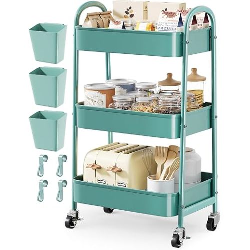 Green 3 Tier Rolling Cart Metal with Lockable Wheels, Three Tiered Craft Cart Organizer on wheels, Utility Storage Carts for Art, Baby Supplies, Diaper Caddy, Snack, Pantry, Nail, Lash, Cleaning
