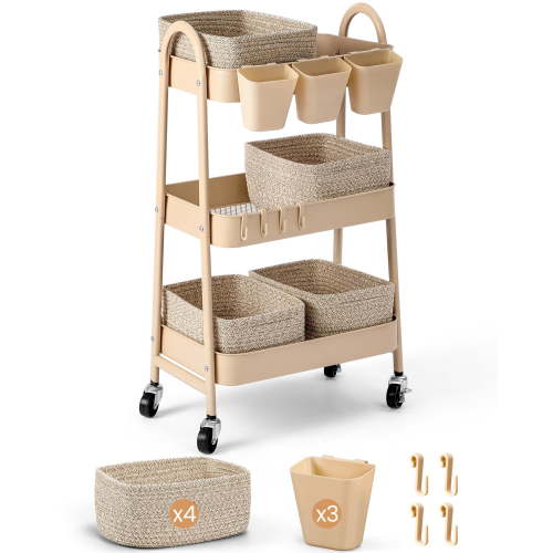 3-Tier Rolling Utility Cart with 4 Woven Baskets, Diaper Book Snack Cart, Storage Organizer for Nursery, Kitchen, Craft Room, Home SPA, Living Room, Metal Frame Trolley on Lockable Wheels, White