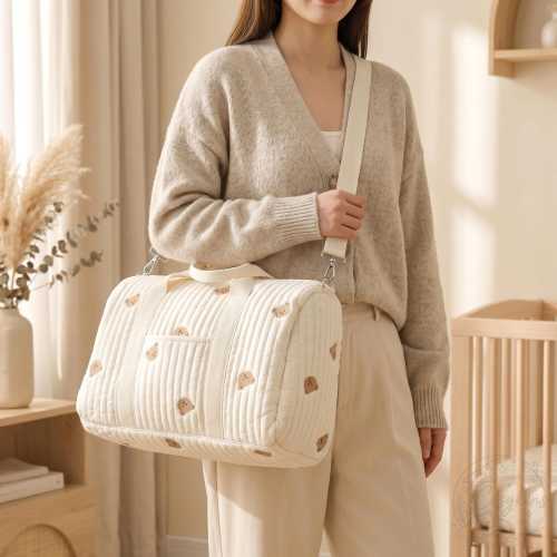 Large Quilted Diaper Bag, Baby Shower Gift for New Mom, Maternity Tote Bag, Hospital Bag, Cute Embroidered Baby Bag
