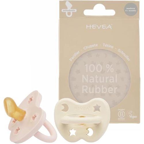 HEVEA Natural Rubber Pacifier Orthodontic Newborn 0+ Months Two-Pack - Powder Pink & Milky White