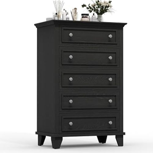 GarveeHome Black Dresser for Bedroom, 48 in Tall Dresser with 5 Drawers, Chest of Drawers with Storage, Vintage Wood Dressers for Closet, Living Room, Hallway