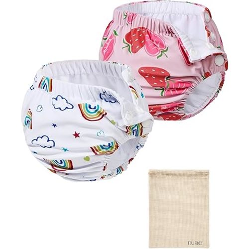 Durio 2PCS Reusable Swim Diapers - Baby Swim Diapers Adjustable Washable Newborn Infant Diaper Soft Water Diaper for Swimming Lessons with a Mesh Bag 6-12M