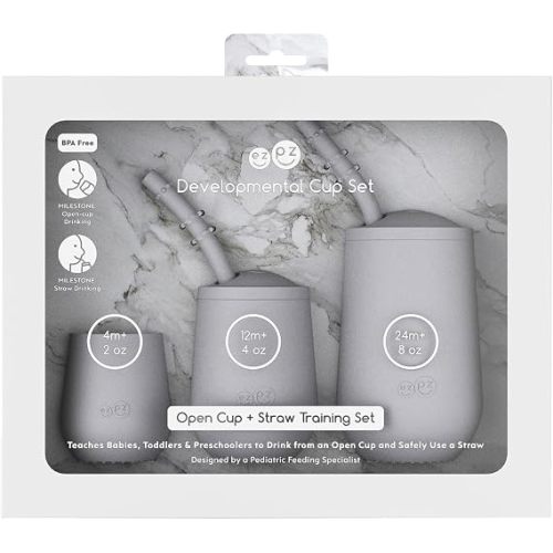 ezpz Developmental Cup Set (Pewter) - 100% Silicone | Teaches Babies, Toddlers, and Preschoolers to Drink from an Open Cup and Safely Use a Straw - Designed by a Pediatric Feeding