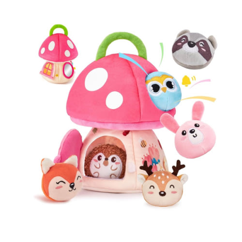 hahaland Baby Toys 6-12 Months - Montessori Toys for 6 Month Old Girl, My First Mushroom House with Stuffed Jungle Animals, Rattle, Crinkle Paper, Mirror, Sensory Toddler Toy for 1 Year Old Girl Gifts