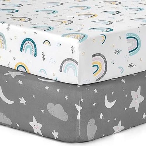 Pack n Play Sheets, BROLEX 2 Pack Mini Crib Sheets,Stretchy Portable Fitted Playard Sheet Set, Convertible Playard Mattress Cover,Ultra Soft Breathable Material,Rainbow Stars
