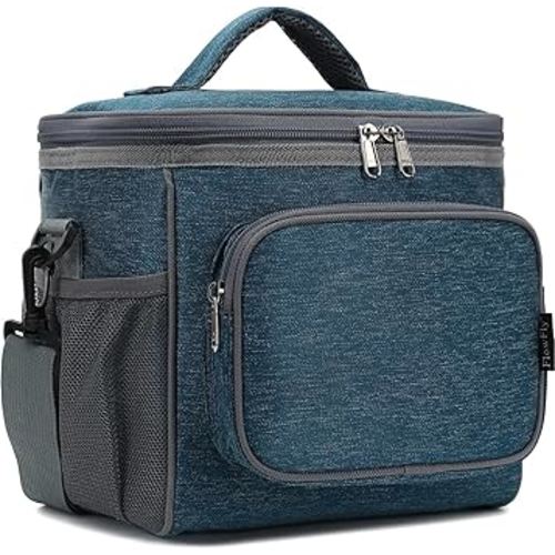 FlowFly Insulated Reusable Lunch Bag Adult Large Lunch Box for Women and Men with Adjustable Shoulder Strap,Front Zipper Pocket and Dual Large Mesh Side Pockets,Royal