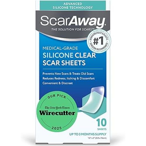 ScarAway Advanced Clear Silicone Scar Sheets, Medical Grade Silicone Strips (1.5" x 3") Scar Treatment and Prevention for Surgical, Burn, Body, Hypertrophic & Keloid Scar Treatment, 10 Clear Sheets