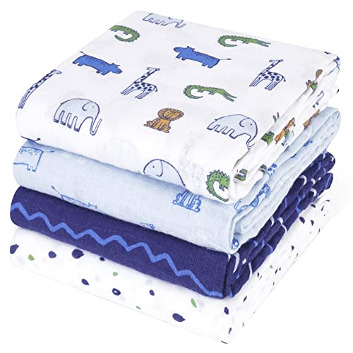 david's kids 4 Pack Baby Muslin Swaddle Blankets, 100% Cotton and Ultra Soft Breathable Receiving Blanket Wrap for Boys Girls, New Born Essentials, Large 47 x 47 inches, Woodland/Elephant/Giraffe