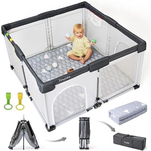 Tinyiota Foldable Baby Playpen, 50x50 Inch Portable Play Yard for Babies and Toddlers with Soft Breathable Mesh, Storage Bag & 2 Pull-Toy Handles for Indoor & Outdoor (Grey, with Mat)