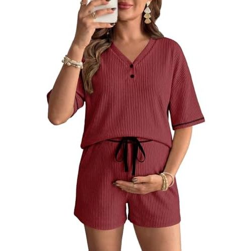 BLENCOT Womens Maternity Pajamas Nursing Set V Neck Short Sleeve Button Shorts Soft Pj Sets Pregnancy Summer Outfits